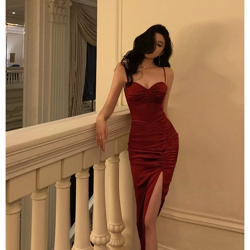 Classy Sheath Spaghetti Straps Burgundy Prom Dresses Birthday Outfits Evening Gown