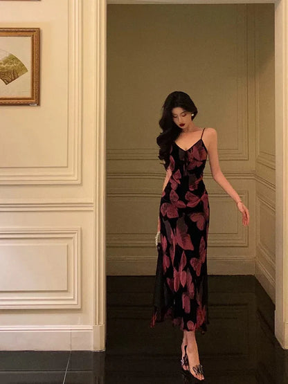 Vintage Spaghetti Strap V-neck Floral Butterfly Design Elegant Sheath Chiffon Evening Dress Prom Dress D1595