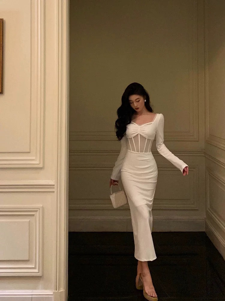 Classy Sheath Long Sleeves White Prom Dresses Birthday Outfits Evening Gown