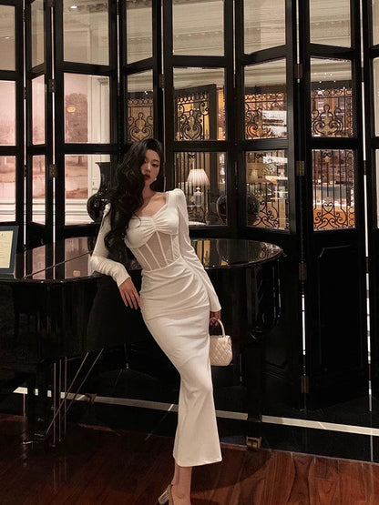 Classy Sheath Long Sleeves White Prom Dresses Birthday Outfits Evening Gown