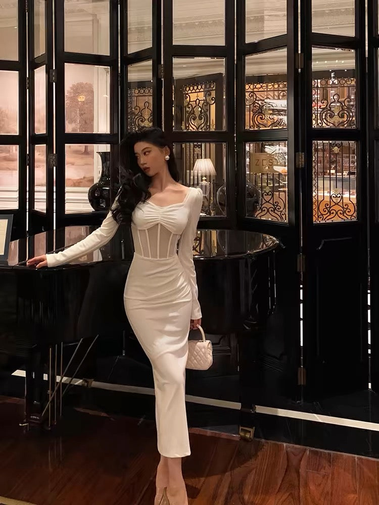 Classy Sheath Long Sleeves White Prom Dresses Birthday Outfits Evening Gown