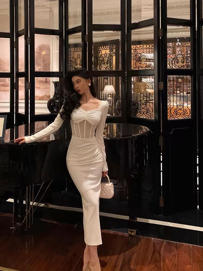 Classy Sheath Long Sleeves White Prom Dresses Birthday Outfits Evening Gown