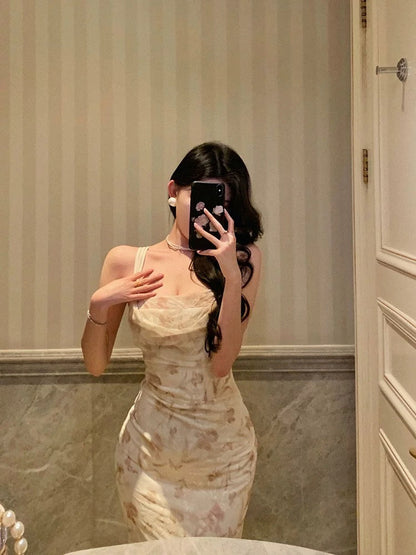 Sexy Sheath Straps Floral Satin Prom Dresses Birthday Outfits Evening Gown