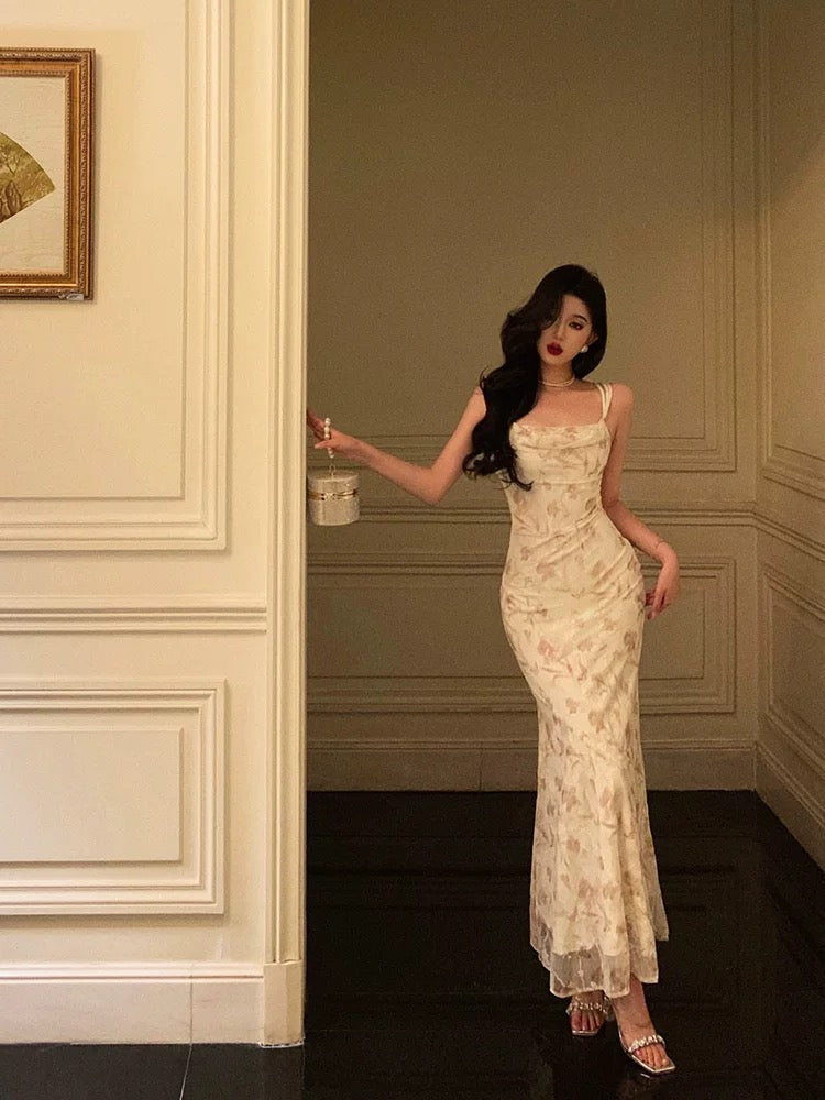 Sexy Sheath Straps Floral Satin Prom Dresses Birthday Outfits Evening Gown