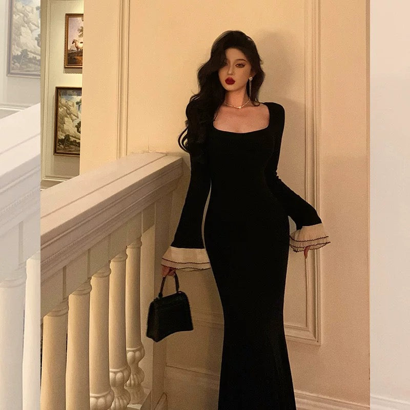 Pretty Mermaid Square Neckline Black Prom Dresses Birthday Outfits Evening Gowns