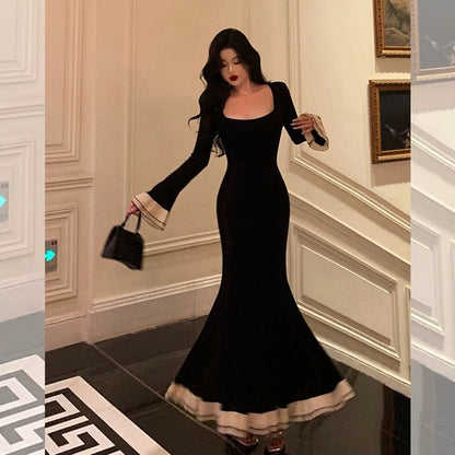 Pretty Mermaid Square Neckline Black Prom Dresses Birthday Outfits Evening Gowns