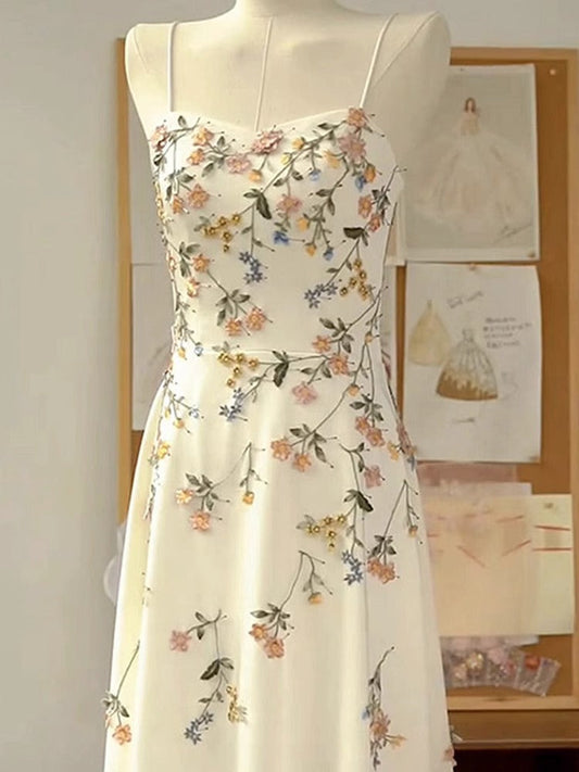 Sexy A line Spaghetti Straps Ivory Floral Satin Prom Dresses Birthday Outfits Evening Gown