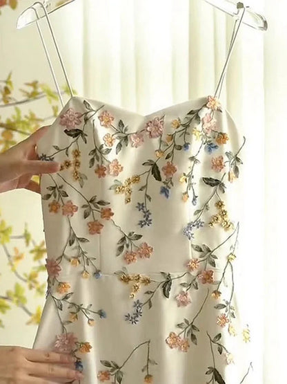 Vintage Beige Spaghetti Strap Floral Applique Design Elegant A-Line Evening Dress Prom Dress D1581