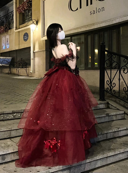 Sexy Ball Gown Strapless Burgundy Tulle Birthday Dresses Night Party Dress