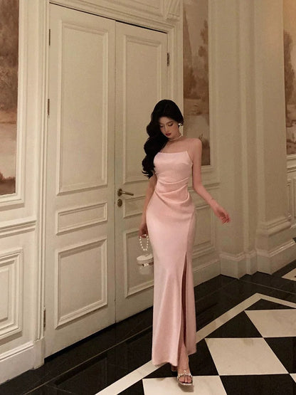Classy Sheath Spaghetti Straps Pink Satin Prom Dresses Birthday Outfits Evening Gown