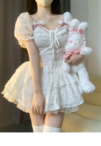 Chic Ball Gown Short Sleeves White Lace Lolita Dresses Party Dress Birthday Outfits