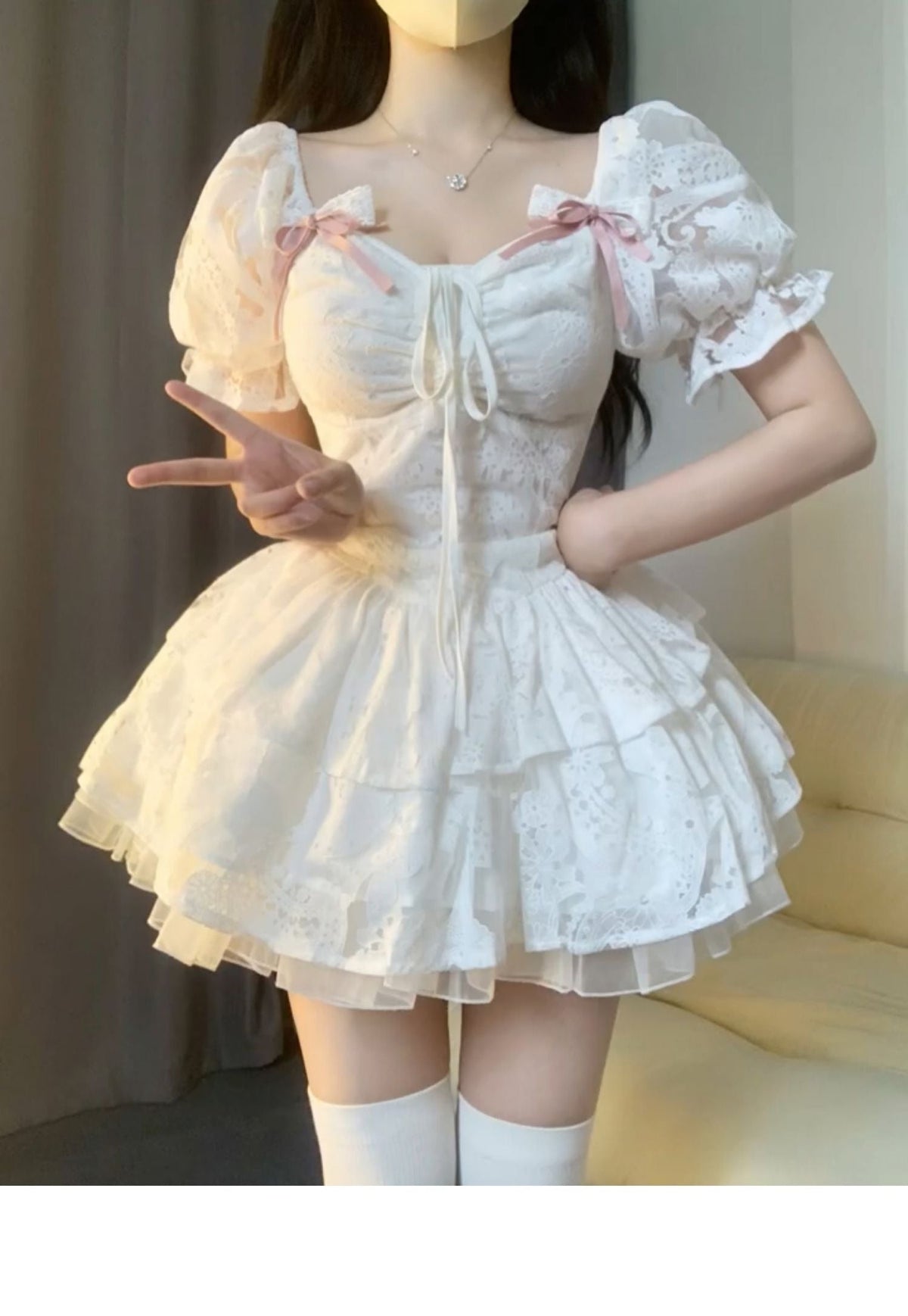 Chic Ball Gown Short Sleeves White Lace Lolita Dresses Party Dress Birthday Outfits