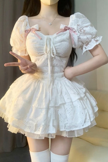 Chic Ball Gown Short Sleeves White Lace Lolita Dresses Party Dress Birthday Outfits