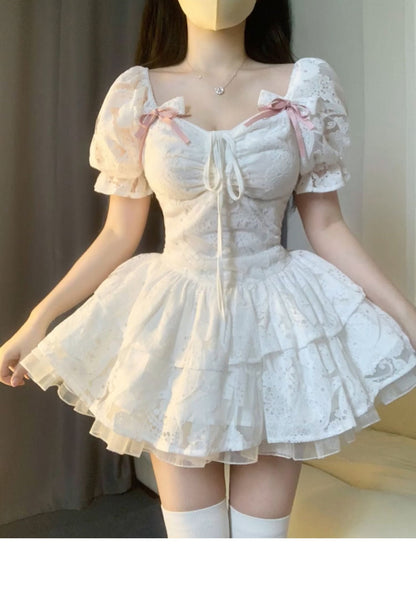 Chic Ball Gown Short Sleeves White Lace Lolita Dresses Party Dress Birthday Outfits