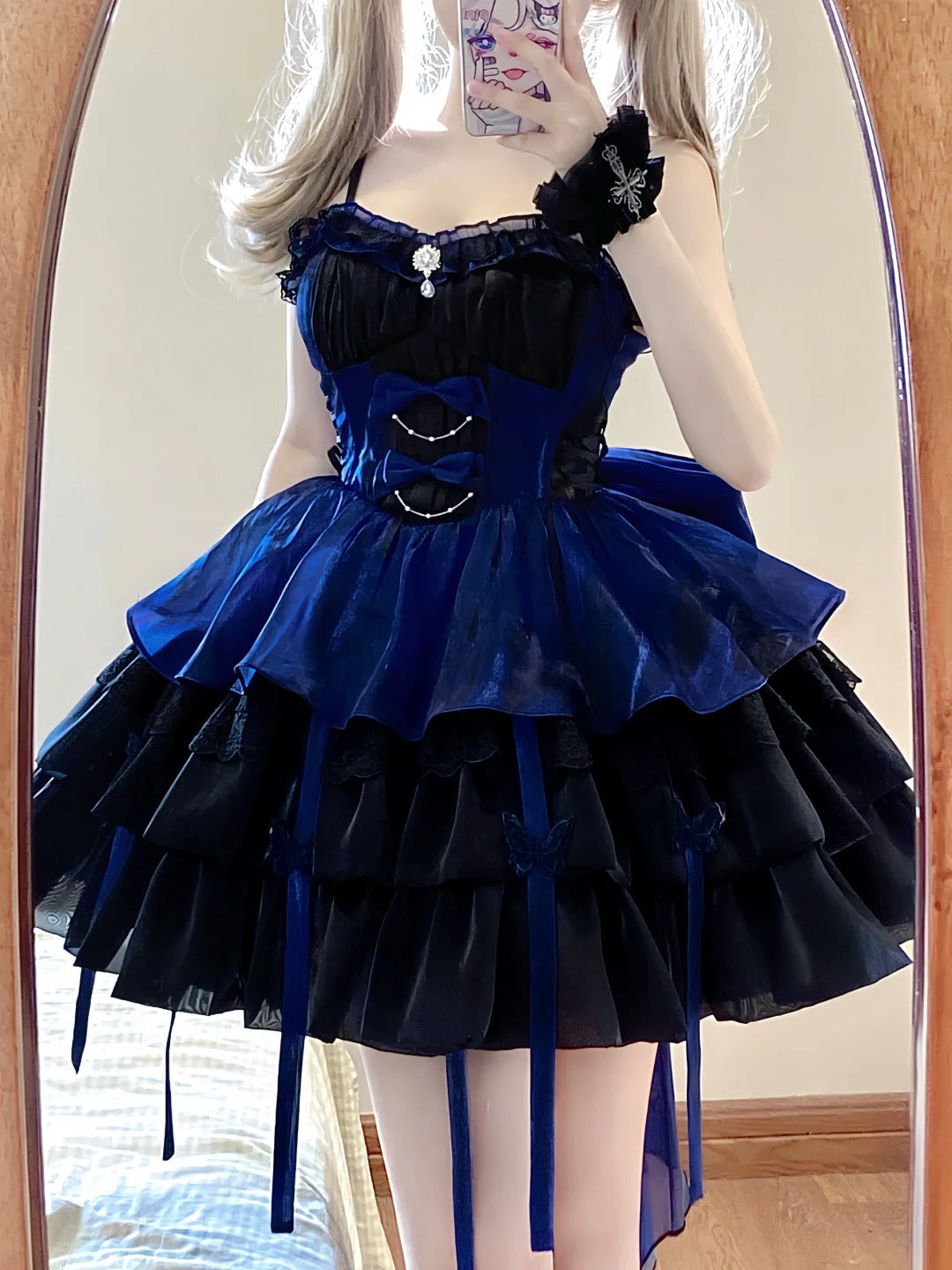 Chic Ball Gown Straps Royal Blue Organza Short Lolita Dresses Party Dress Birthday Outfits