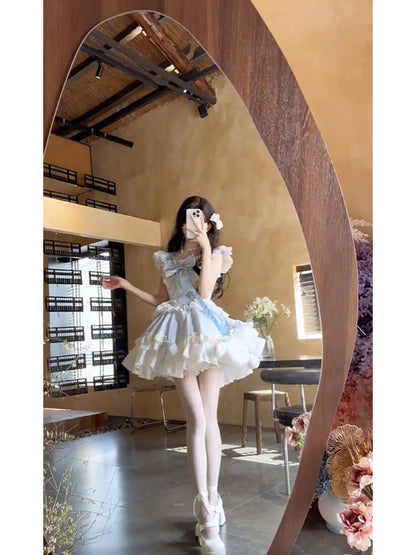 French Ball Gown Square Neckline Short Tulle Blue Lolita Dresses Party Dress Birthday Outfits