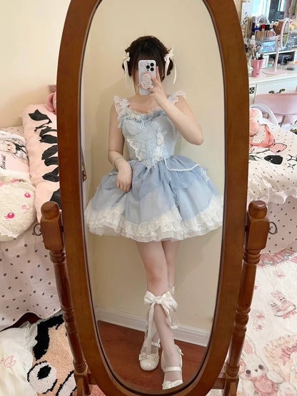 French Ball Gown 2 Pieces Top And Skirt Short Blue Lolita Dresses Party Dress Birthday Outfits
