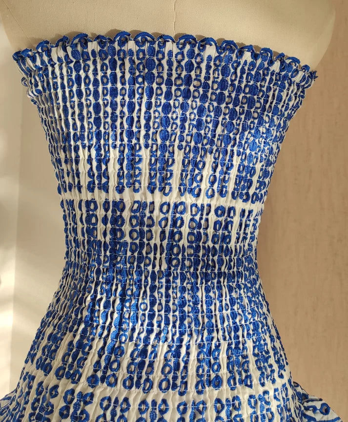 Vintage Dark Blue Pattern Design Strapless Mini Party Dress Homecoming Dress D1524