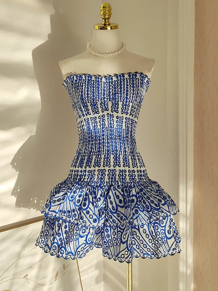 Vintage Dark Blue Pattern Design Strapless Mini Party Dress Homecoming Dress D1524