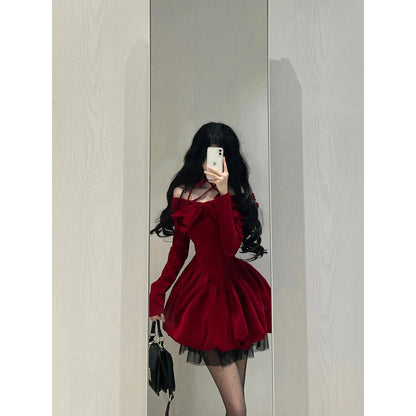 Chic Ball Gown Long Sleeves Red Velvet Party Dress Birthday Dresses Birthday Outfits