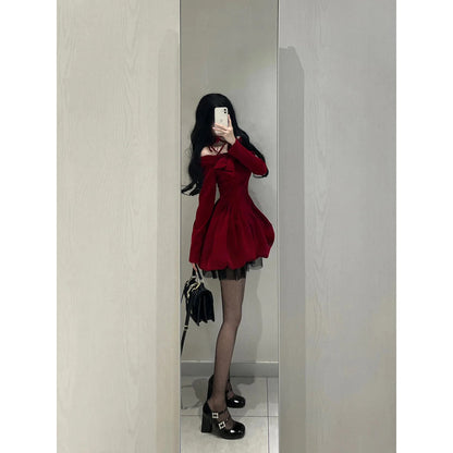 Chic Ball Gown Long Sleeves Red Velvet Party Dress Birthday Dresses Birthday Outfits