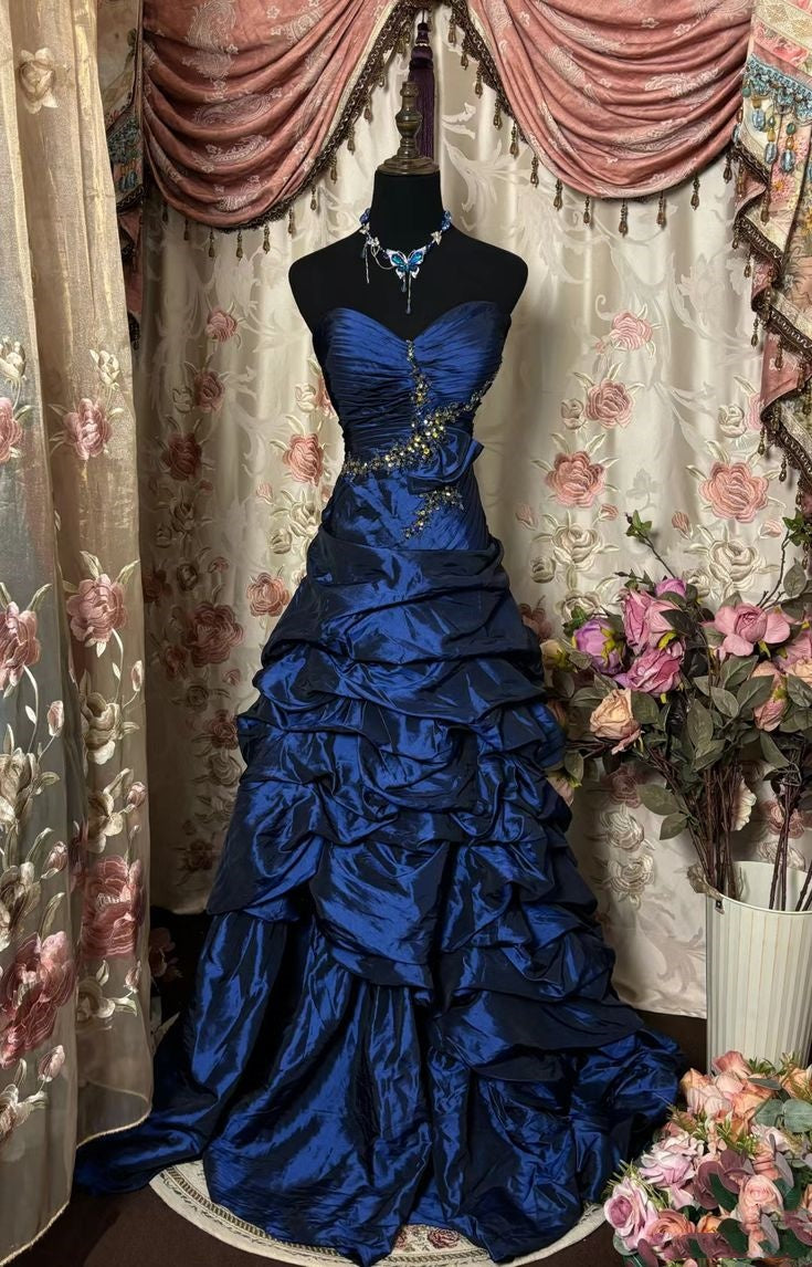Vintage Style Ball Gown Sweetheart Prom Dresses Long Evening Gown Navy Blue Formal Party Dress