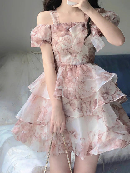 Sexy French Ball Gown Straps Holiday Dress Floral Pink Birthday Dresses Birthday Outfits