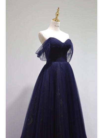Pretty Ball Gown Off The Shoulder Navy Blue Tulle Long Prom Dresses Party Dress