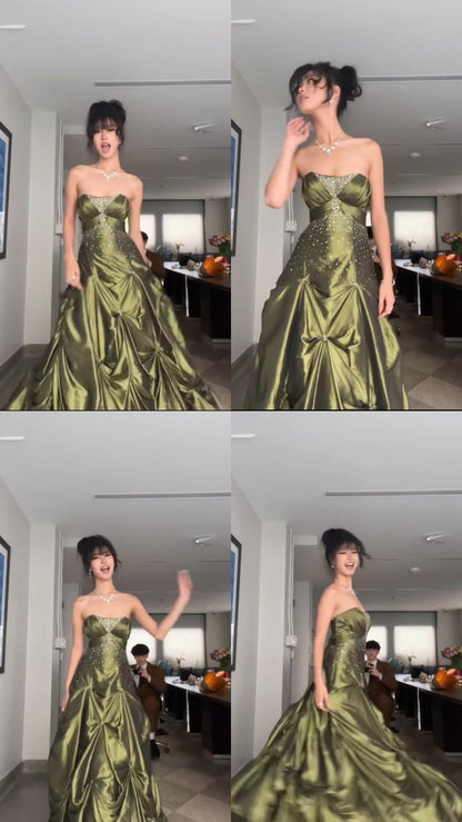 Pretty Ball Gown Strapless Satin Olive Green Long Ruffles Prom Dresses Formal Evening Dress
