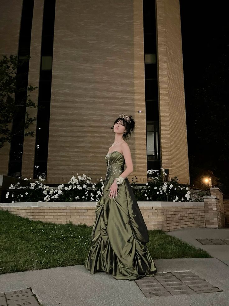 Pretty Ball Gown Strapless Satin Olive Green Long Ruffles Prom Dresses Formal Evening Dress