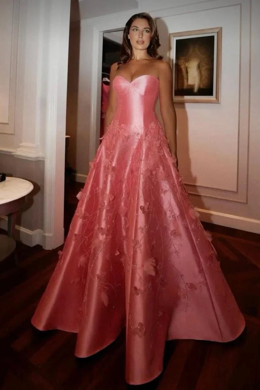 Pretty Ball Gown Sweetheart Pink Satin Floral Long Prom Dresses Formal Evening Dress