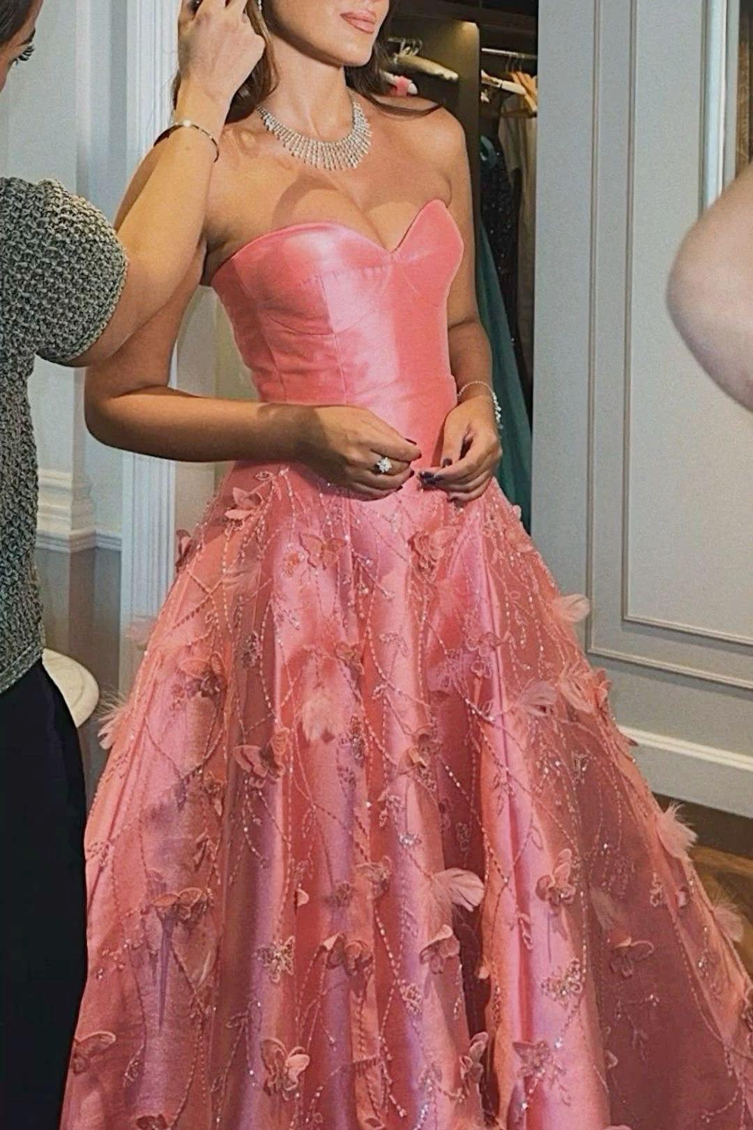 Pretty Ball Gown Sweetheart Pink Satin Floral Long Prom Dresses Formal Evening Dress