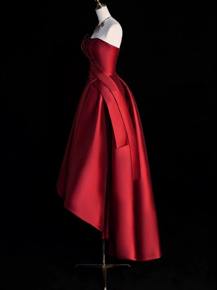 Modest Ball Gown Strapless Burgundy Satin High Low Evening Dress Prom Dresses