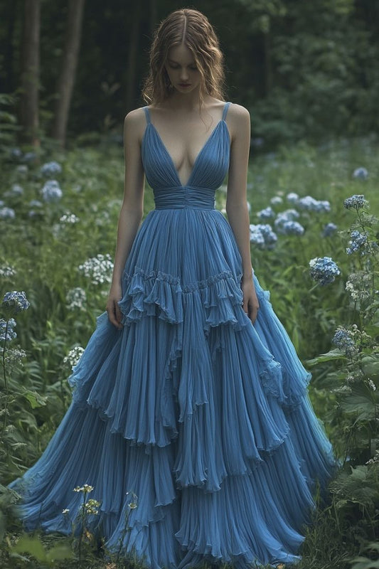 Retro Ball Gown Spaghetti Straps Blue Chiffon Long Evening Dress Prom Dresses