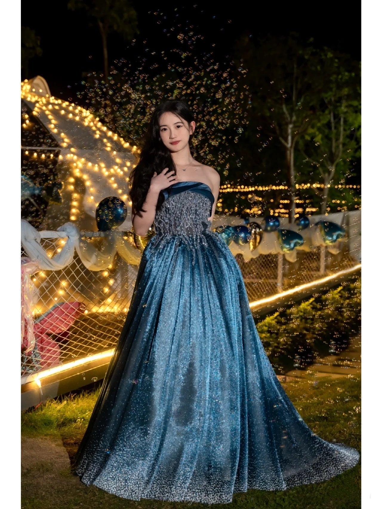 Retro Ball Gown Strapless Neckline Sequin Blue Party Dress Long Prom Dress Evening Dresses