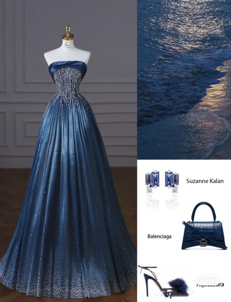 Retro Ball Gown Strapless Neckline Sequin Blue Party Dress Long Prom Dress Evening Dresses