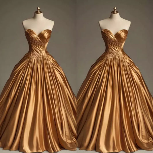 Retro Ball Gown Sweetheart Satin Gold Party Dress Prom Dresses Evening Dress