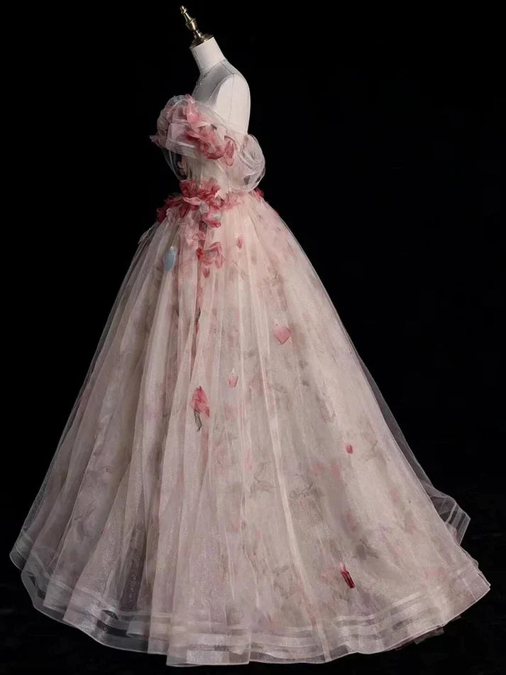 Aesthetic Ball Gown Off The Shoulder Pink Lace Party Dress Long Prom Dress Evening Dresses