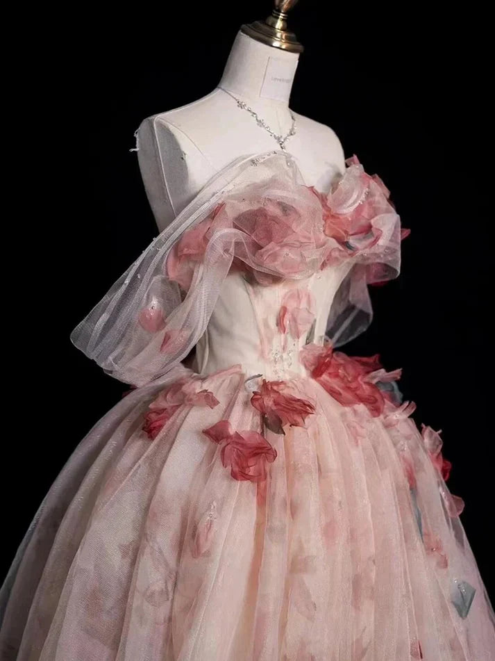 Aesthetic Ball Gown Off The Shoulder Pink Lace Party Dress Long Prom Dress Evening Dresses