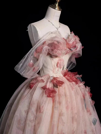 Aesthetic Ball Gown Off The Shoulder Pink Lace Party Dress Long Prom Dress Evening Dresses