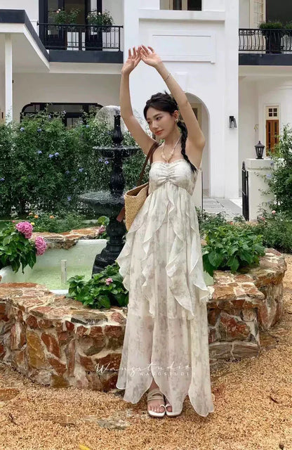 Floral Ruffle Design Halter Dress Elegant A-line Chiffon Evening Party Dress D1599