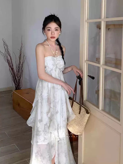 Floral Ruffle Design Halter Dress Elegant A-line Chiffon Evening Party Dress D1599