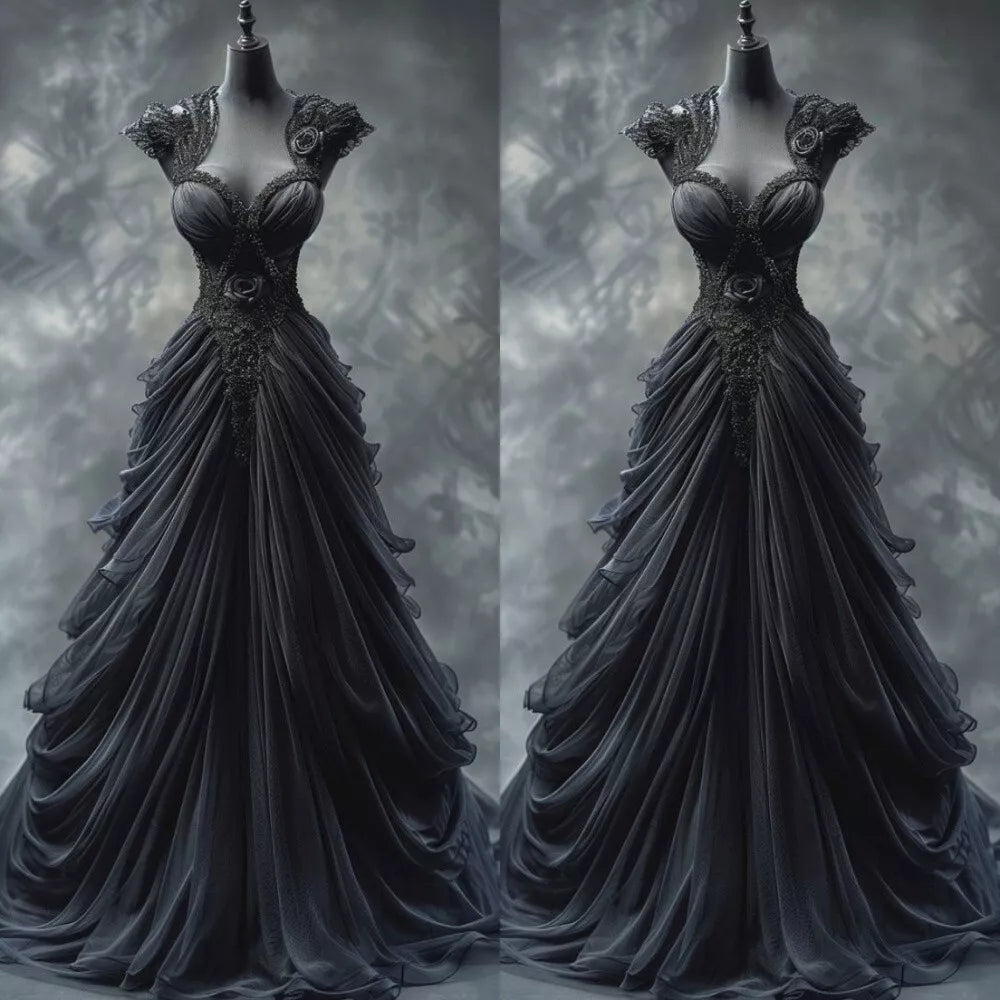 Black Gothic Wedding Dresses Ruched Lace Appliques V Neck Sleeveless Bridal Gown      S7126