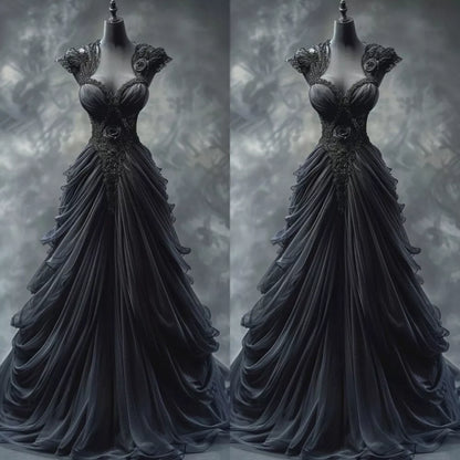 Black Gothic Wedding Dresses Ruched Lace Appliques V Neck Sleeveless Bridal Gown      S7126