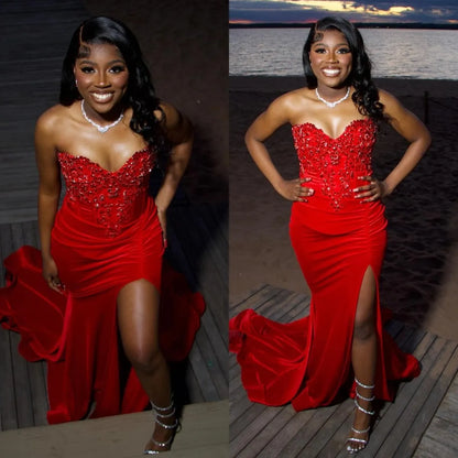 Beaded Mermaid Prom Dress Red Sweetheart Evening Gown