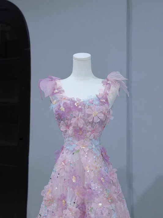 A-Line Purple Pink Tulle Flowers Long Prom Dress, Beautiful Evening Party Dress         S7190