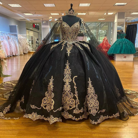 Vintage black Quinceanera dresses with cape light gold applique birthday dress ball gown corset dress       S7164
