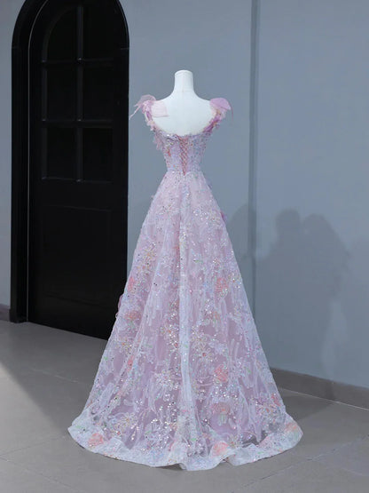 A-Line Purple Pink Tulle Flowers Long Prom Dress, Beautiful Evening Party Dress         S7190