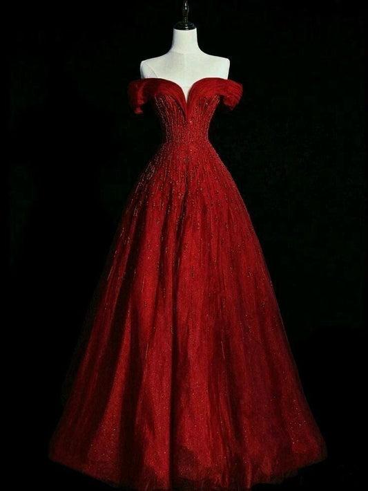 Classy Ball Gown Off The Shoulder Burgundy Long Party Dress Tulle Prom Dresses