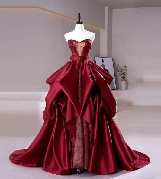 Sexy Ball Gown Sweetheart Burgundy Satin Long Evening Gowns Prom Dresses